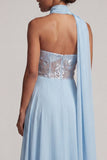 Strapless hemelsblauwe doorschijnende korsetpailletten A-lijn chiffon lange moeder van de bruid jurk