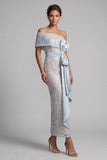Stoffige blauwe bodycon pailletten met bloemen lange moeder van de bruid jurk met strik
