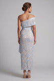Stoffige blauwe bodycon pailletten met bloemen lange moeder van de bruid jurk met strik