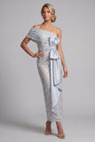 Stoffige blauwe bodycon pailletten met bloemen lange moeder van de bruid jurk met strik