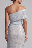 Stoffige blauwe bodycon pailletten met bloemen lange moeder van de bruid jurk met strik
