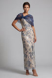 Marineblauwe bloemen bodycon pailletten lange moeder van de bruid jurk met cape