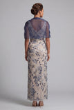 Marineblauwe bloemen bodycon pailletten lange moeder van de bruid jurk met cape