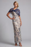 Marineblauwe bloemen bodycon pailletten lange moeder van de bruid jurk met cape