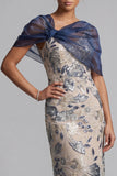 Marineblauwe bloemen bodycon pailletten lange moeder van de bruid jurk met cape