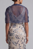 Marineblauwe bloemen bodycon pailletten lange moeder van de bruid jurk met cape