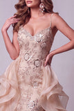 Champagne Zeemeermin Spaghetti Bandjes Pailletten Lange Pageant Jurk met ruchesleep