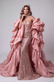 Sweetheart Roze Zeemeermin Korset Pailletten Lange Pageant Jurk met ruchesleep