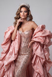 Sweetheart Roze Zeemeermin Korset Pailletten Lange Pageant Jurk met ruchesleep