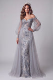 Off-the-shoulder stoffige blauwe zeemeermin pailletten lange pageant jurk met sleep
