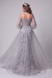 Off-the-shoulder stoffige blauwe zeemeermin pailletten lange pageant jurk met sleep