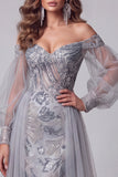 Off-the-shoulder stoffige blauwe zeemeermin pailletten lange pageant jurk met sleep