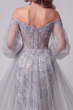 Off-the-shoulder stoffige blauwe zeemeermin pailletten lange pageant jurk met sleep