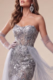 Sweetheart Stoffige Blauwe Pailletten Zeemeermin Lange Pageant Jurk met Sleep