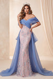 Blauwe en roze off-the-shoulder pailletten zeemeermin lange verkiezing jurk met sleep
