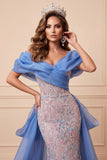Blauwe en roze off-the-shoulder pailletten zeemeermin lange verkiezing jurk met sleep