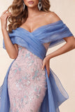 Blauwe en roze off-the-shoulder pailletten zeemeermin lange verkiezing jurk met sleep