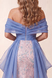 Blauwe en roze off-the-shoulder pailletten zeemeermin lange verkiezing jurk met sleep