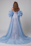 Blauwe en Roze Zeemeermin Bloemenpailletten Spaghetti Bandjes Lange Pageant Jurk Ruffle Sleep