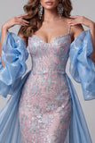 Blauwe en Roze Zeemeermin Bloemenpailletten Spaghetti Bandjes Lange Pageant Jurk Ruffle Sleep