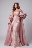 Strapless roze zeemeermin-jurk met kralenbezette lange verkiezing met sleep
