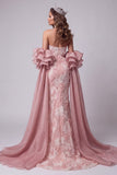 Strapless roze zeemeermin-jurk met kralenbezette lange verkiezing met sleep