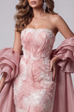 Strapless roze zeemeermin-jurk met kralenbezette lange verkiezing met sleep