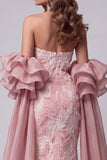 Strapless roze zeemeermin-jurk met kralenbezette lange verkiezing met sleep