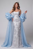 Lichtblauwe strapless zeemeermin met bloemen kralenbezette lange pageantjurk met ruchesleep