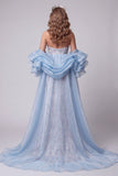 Lichtblauwe strapless zeemeermin met bloemen kralenbezette lange pageantjurk met ruchesleep