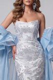Lichtblauwe strapless zeemeermin met bloemen kralenbezette lange pageantjurk met ruchesleep