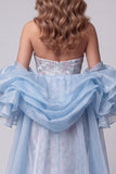 Lichtblauwe strapless zeemeermin met bloemen kralenbezette lange pageantjurk met ruchesleep