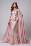 Sweetheart Blush Zeemeermin Bloemen Ritselpailletten Lange Pageant Jurk met Cape