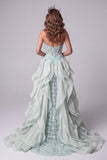Mintgroene Sweetheart Zeemeermin Doorschijnend Korset Pailletten Lange Pageant Jurk met ruches