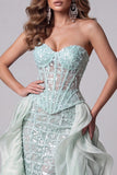 Mintgroene Sweetheart Zeemeermin Doorschijnend Korset Pailletten Lange Pageant Jurk met ruches