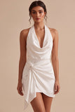 Halter Bodycon gerimpeld rugloos wit jurkje, zonder rug