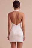 Halter Bodycon gerimpeld rugloos wit jurkje, zonder rug