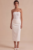 Witte strapless midi bodycon gerimpelde korsetverlovingsjurk met split