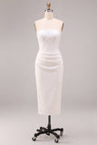 Witte strapless midi bodycon gerimpelde korsetverlovingsjurk met split