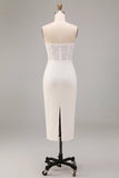Witte strapless midi bodycon gerimpelde korsetverlovingsjurk met split