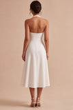A-lijn witte halter hals midi verlovingsjurk