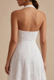 A-lijn witte bloemen halter halshals midi verlovingsjurk met kant