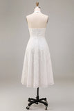 A-lijn witte bloemen halter halshals midi verlovingsjurk met kant