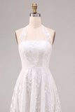 A-lijn witte bloemen halter halshals midi verlovingsjurk met kant