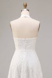 A-lijn witte bloemen halter halshals midi verlovingsjurk met kant