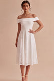 Off-the-shoulder witte A-lijn midi verlovingsjurk met kant