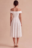 Off-the-shoulder witte A-lijn midi verlovingsjurk met kant