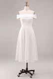 Off-the-shoulder witte A-lijn midi verlovingsjurk met kant