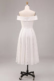 Off-the-shoulder witte A-lijn midi verlovingsjurk met kant