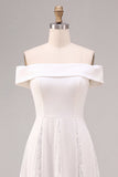 Off-the-shoulder witte A-lijn midi verlovingsjurk met kant